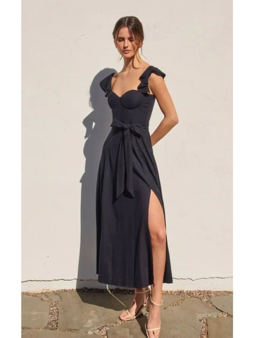Dress Forum Black Linen Blend Belted Maxi Dress Size Medium NWOT